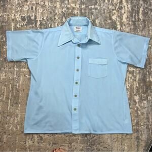 Vintage Arrow Sportswear Scrambler Blue Polyester Knit Button Up Shirt Large 70s